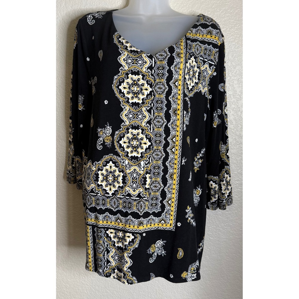 Chicos 4 US XXL Tunic Black Medallion Paisley Scarf Print 3/4 Sleeve V Neck